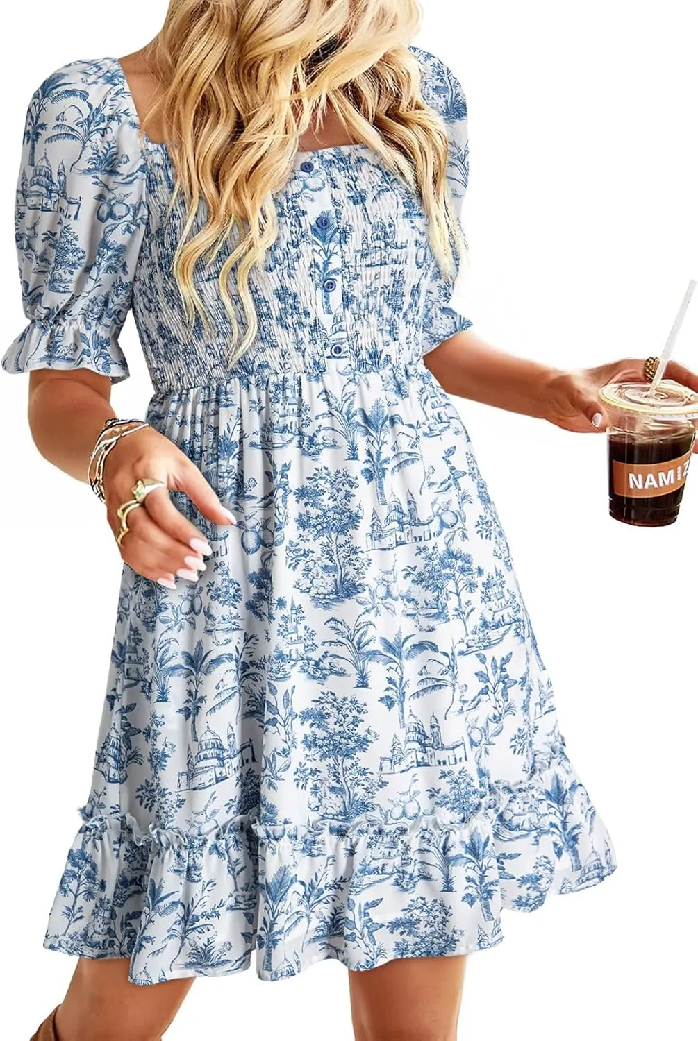 Dokotoo Womens Casual Summer Dresses Short Sleeve Square Neck Smocked Boho Floral Sundress Flowy A-Line Mini Dress