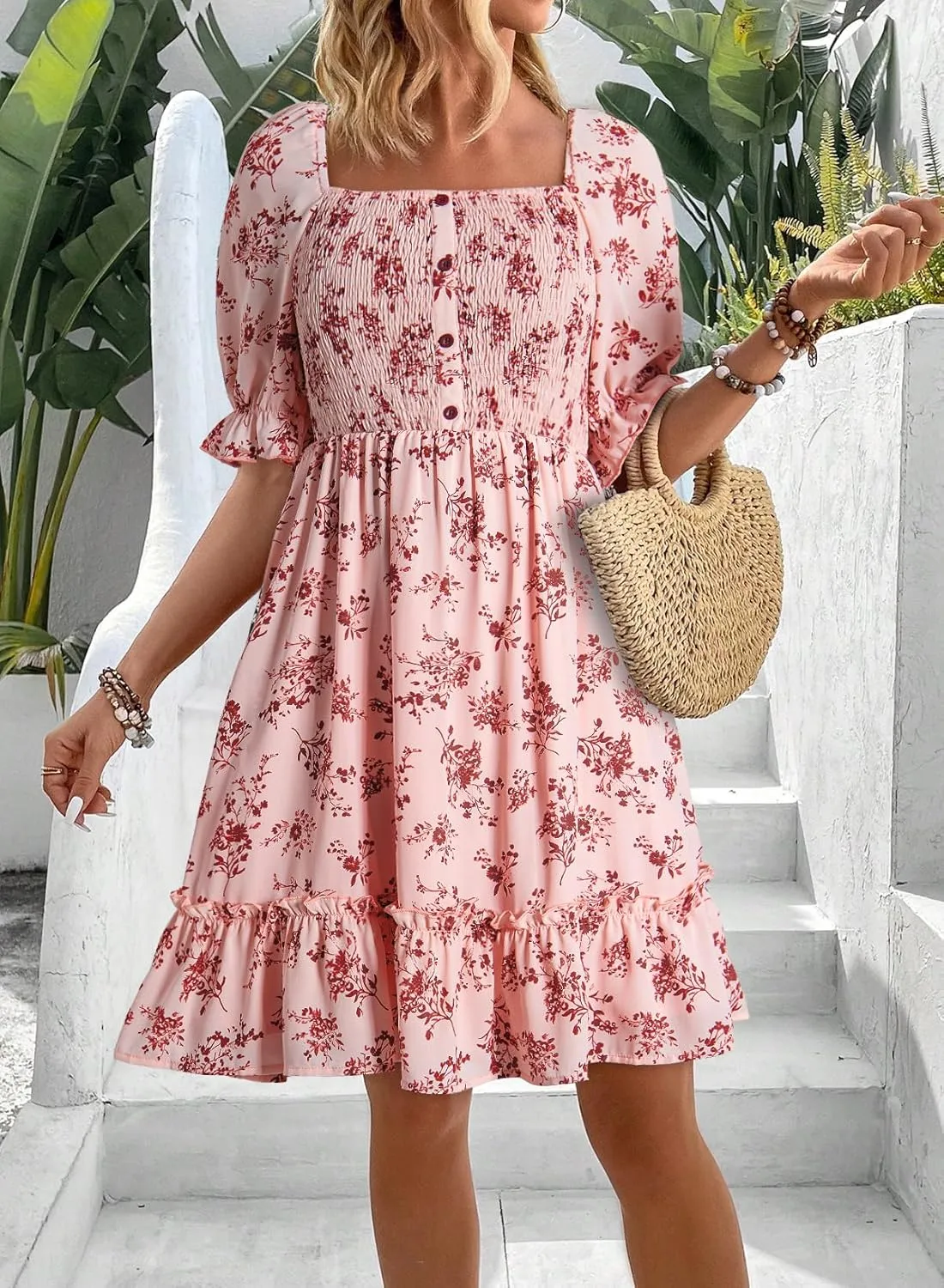 Dokotoo Womens Casual Summer Dresses Short Sleeve Square Neck Smocked Boho Floral Sundress Flowy A-Line Mini Dress