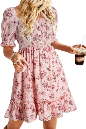 Dokotoo Womens Casual Summer Dresses Short Sleeve Square Neck Smocked Boho Floral Sundress Flowy A-Line Mini Dress