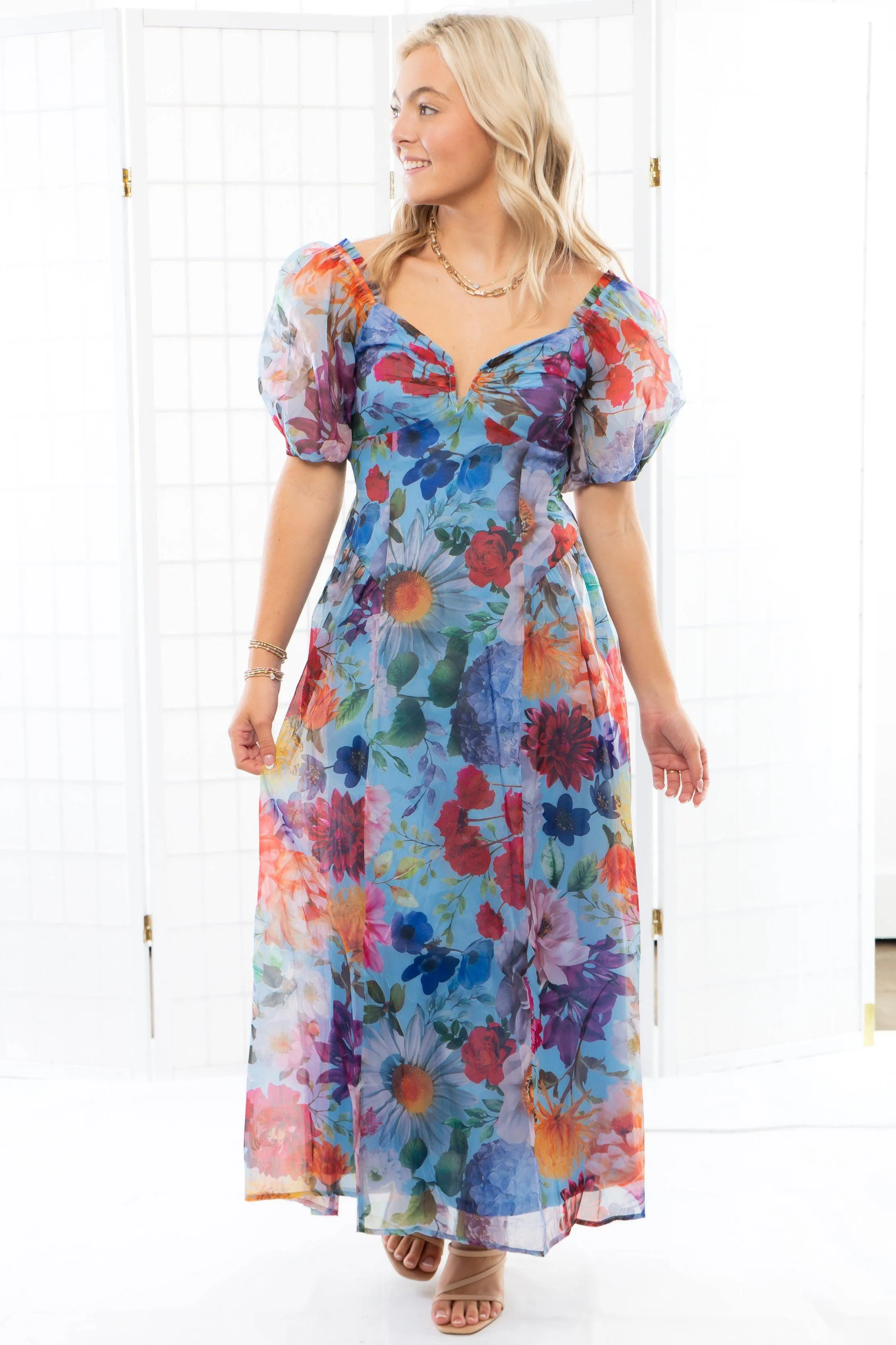 Down The Rabbit Hole Puff Sleeve Floral Midi Dress