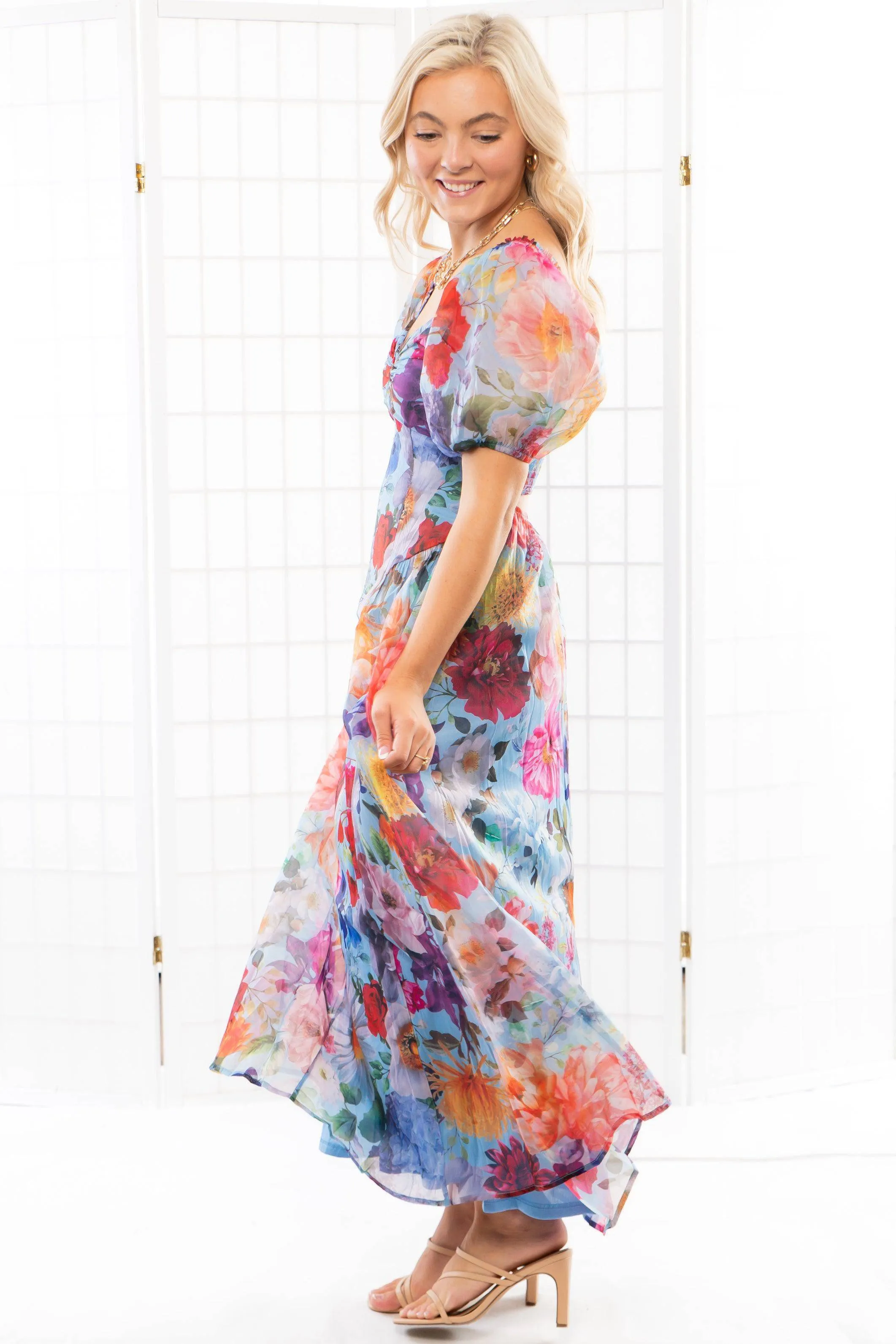 Down The Rabbit Hole Puff Sleeve Floral Midi Dress