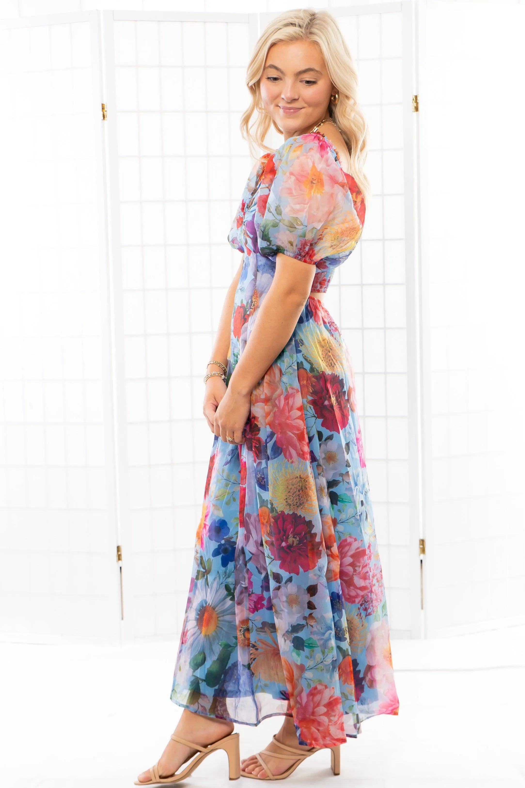 Down The Rabbit Hole Puff Sleeve Floral Midi Dress