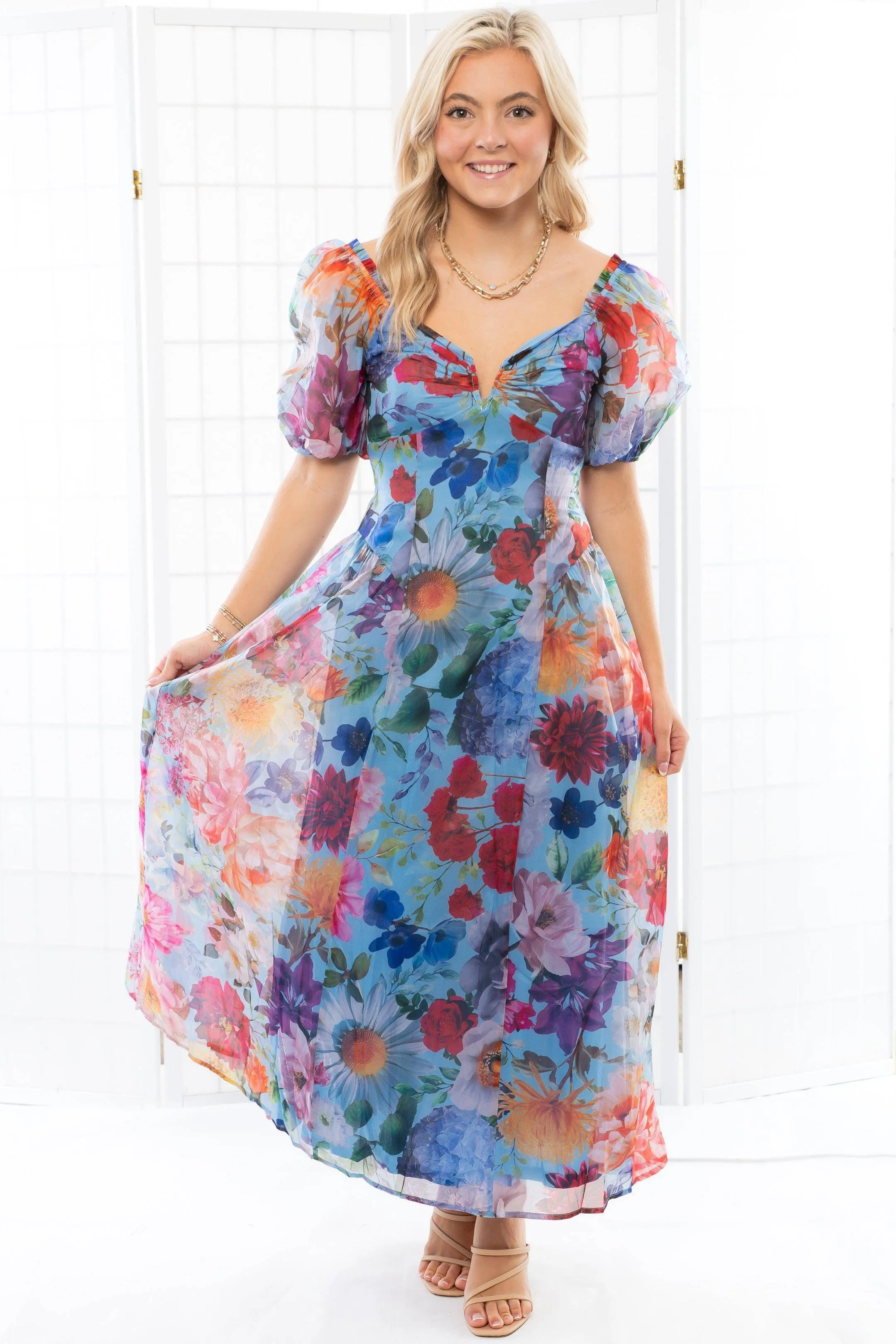 Down The Rabbit Hole Puff Sleeve Floral Midi Dress
