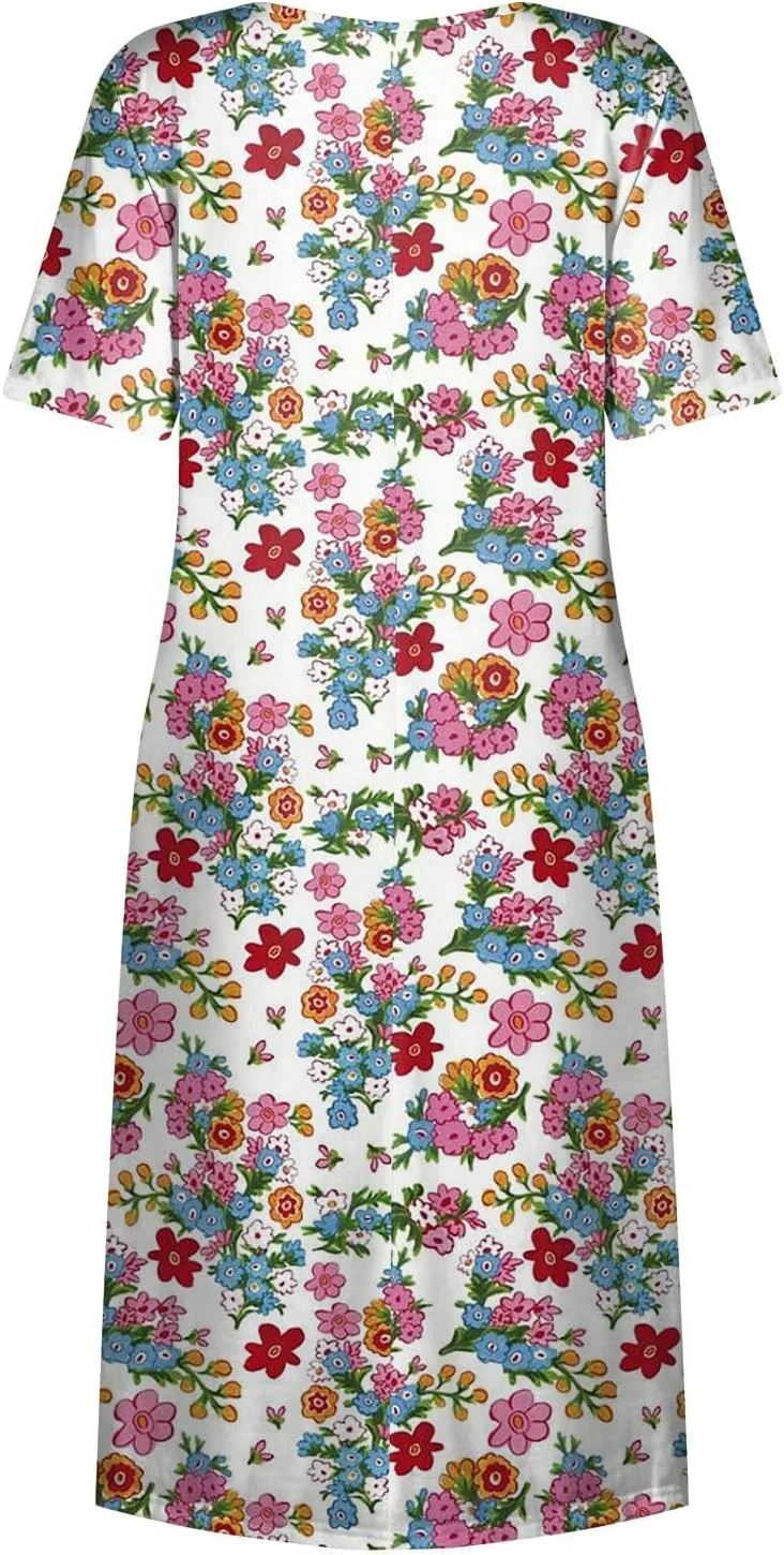 DPKLAD Summer High Waist Short Sleeve Dress for Women Soiree Beautiful Cotton Crew Neck Dresses Pocket Graphic Pullover.