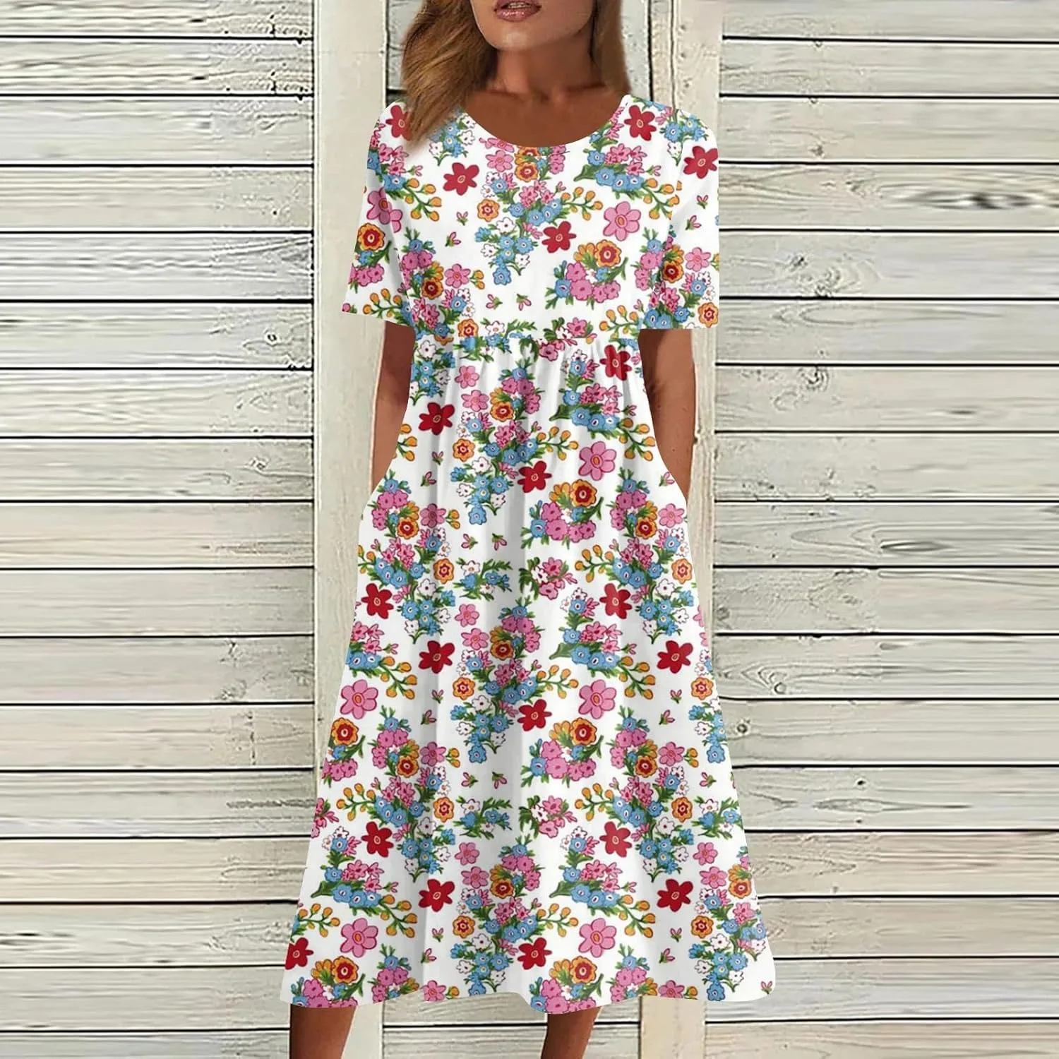 DPKLAD Summer High Waist Short Sleeve Dress for Women Soiree Beautiful Cotton Crew Neck Dresses Pocket Graphic Pullover.