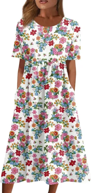 DPKLAD Summer High Waist Short Sleeve Dress for Women Soiree Beautiful Cotton Crew Neck Dresses Pocket Graphic Pullover.