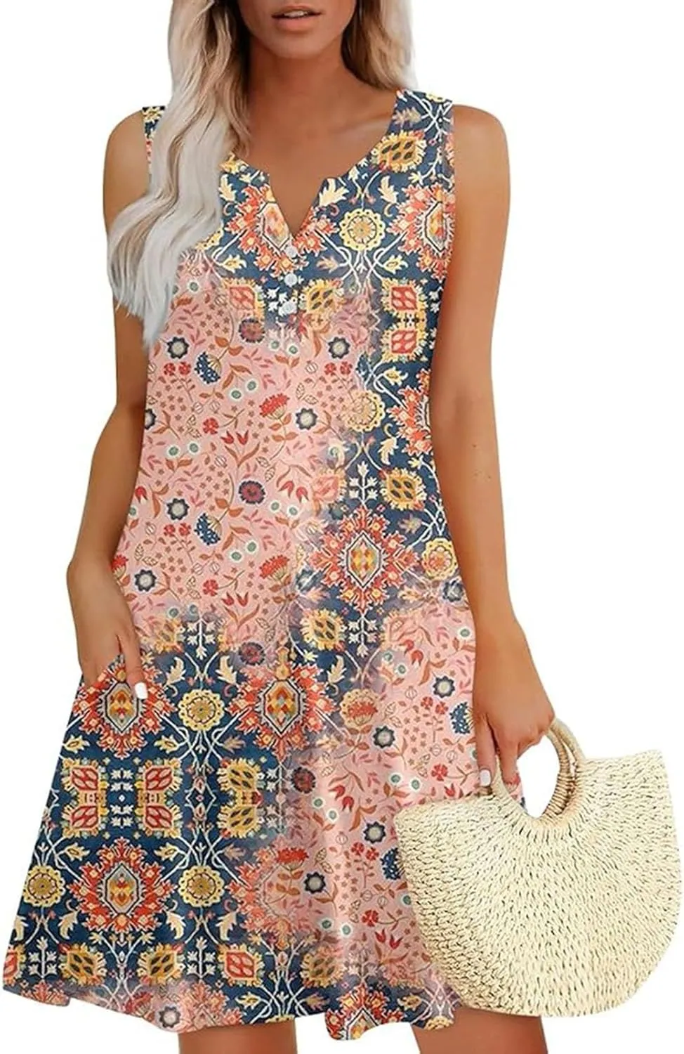 Dresses for Women Casual Summer Sleeveless Sundresses Boho Beach Dress Loose V Neck Swimsuit Coverup with Pockets