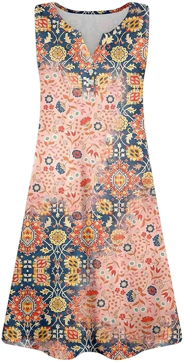 Dresses for Women Casual Summer Sleeveless Sundresses Boho Beach Dress Loose V Neck Swimsuit Coverup with Pockets