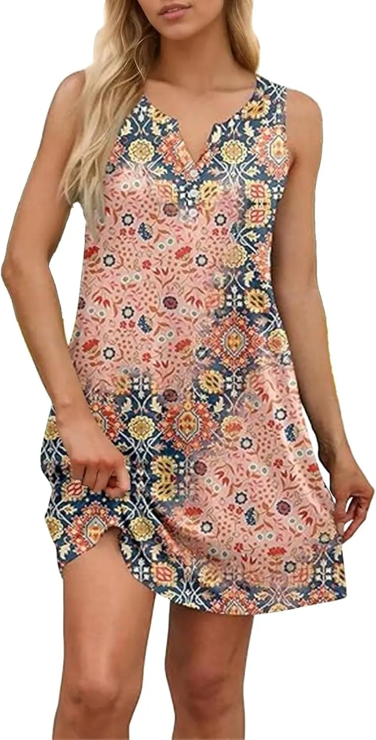 Dresses for Women Casual Summer Sleeveless Sundresses Boho Beach Dress Loose V Neck Swimsuit Coverup with Pockets