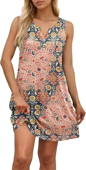 Dresses for Women Casual Summer Sleeveless Sundresses Boho Beach Dress Loose V Neck Swimsuit Coverup with Pockets