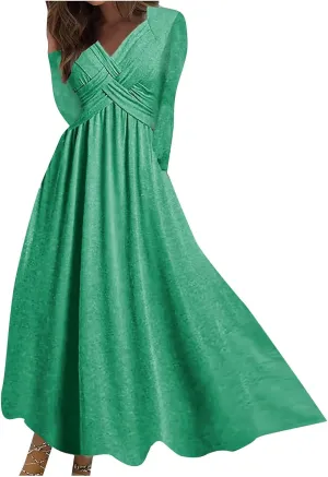 Dresses for Women Crisscross Twist Front V Neck Casual Short Sleeve Maxi Dress Pleated Beach Smocked Wedding Dress