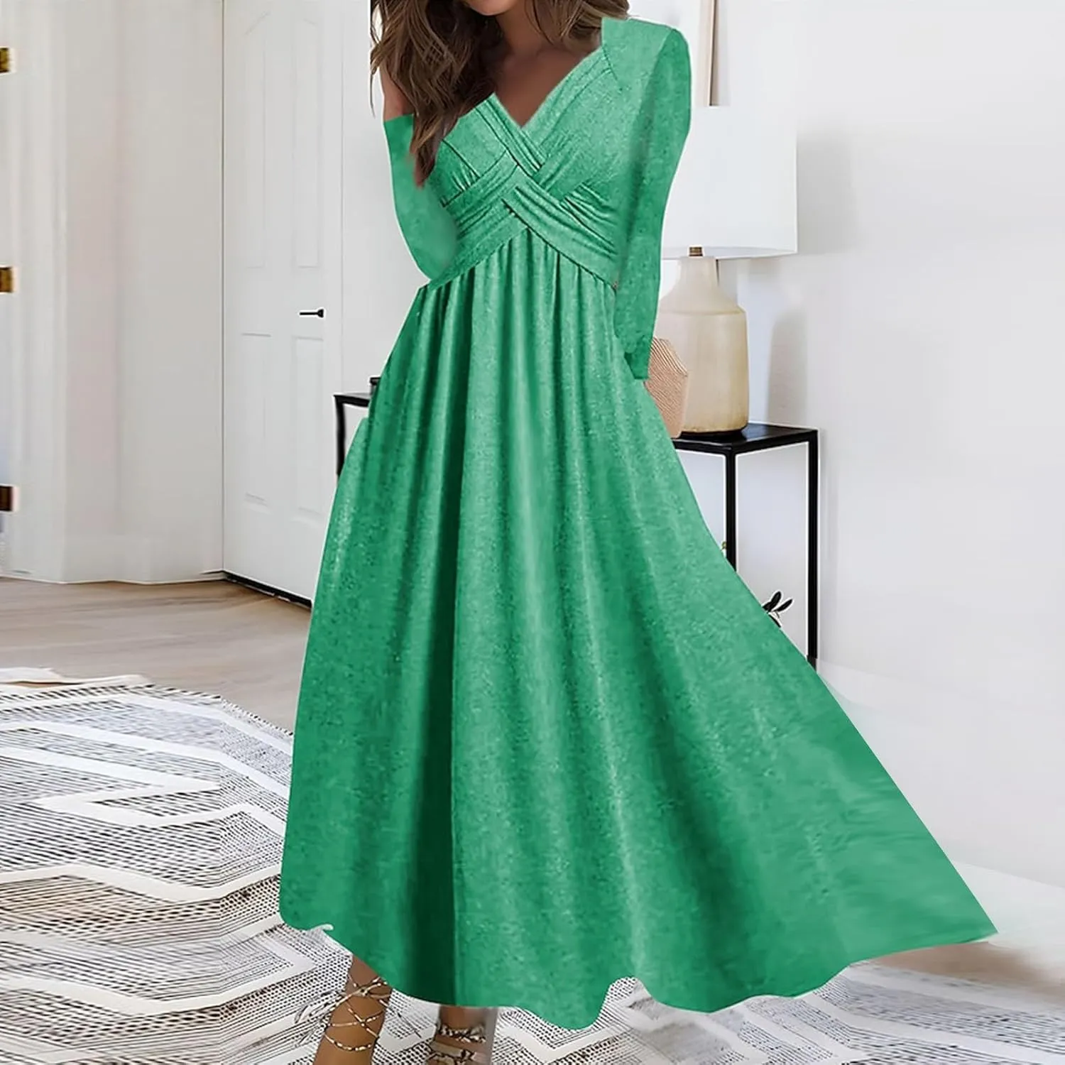 Dresses for Women Crisscross Twist Front V Neck Casual Short Sleeve Maxi Dress Pleated Beach Smocked Wedding Dress