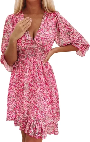 Dresses for Women Floral Midi Dress A-line Skirt Prom Dresses Deep V-Neck Flowy Wedding Guest Dress Beach Sundress
