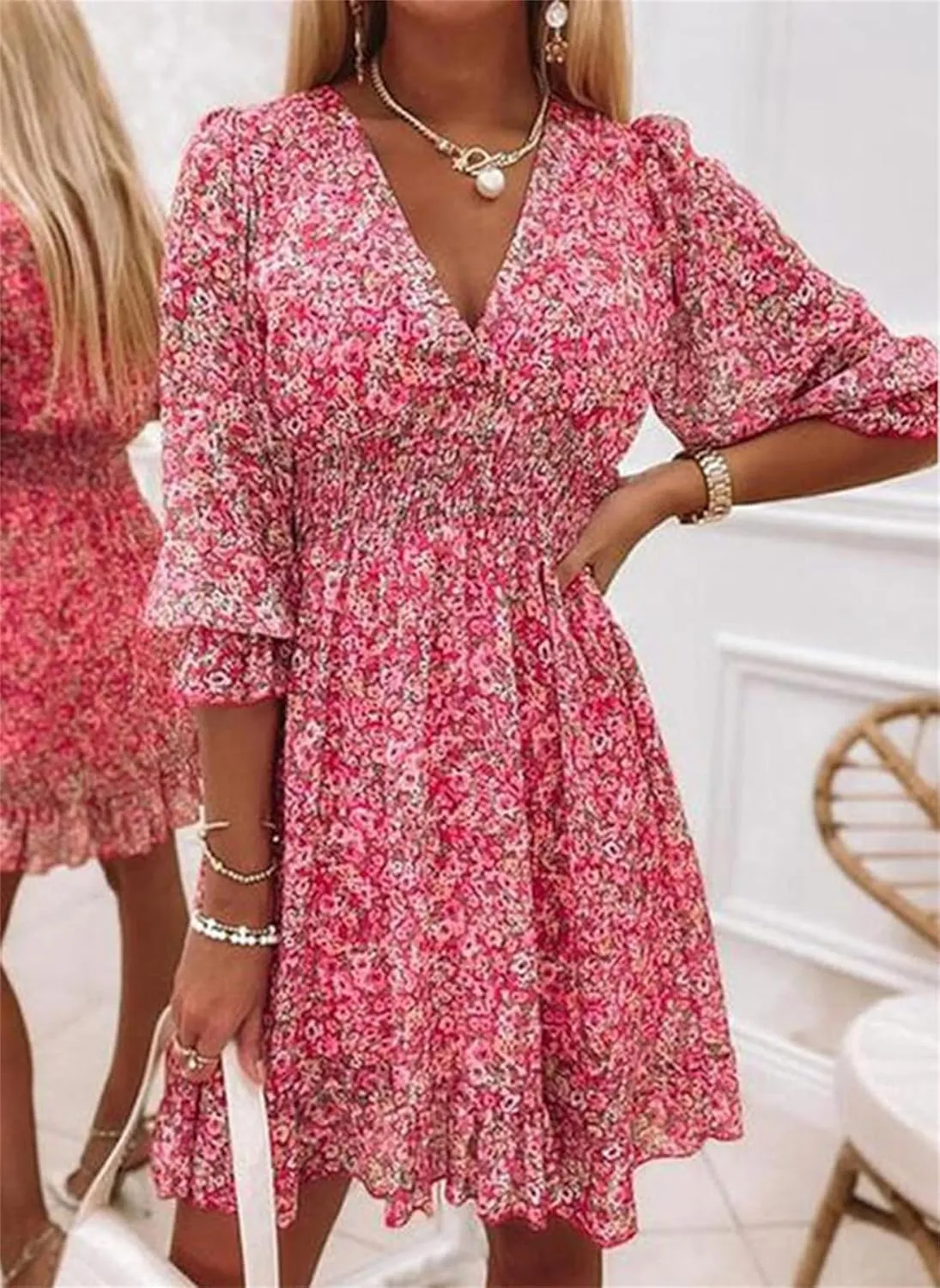 Dresses for Women Floral Midi Dress A-line Skirt Prom Dresses Deep V-Neck Flowy Wedding Guest Dress Beach Sundress
