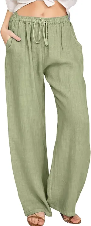 ebossy Women's Cotton Linen Pants Elastic High Waist Drawstring Wide Leg Lounge Palazzo Yoga Trousers