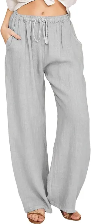 ebossy Women's Cotton Linen Pants Elastic High Waist Drawstring Wide Leg Lounge Palazzo Yoga Trousers