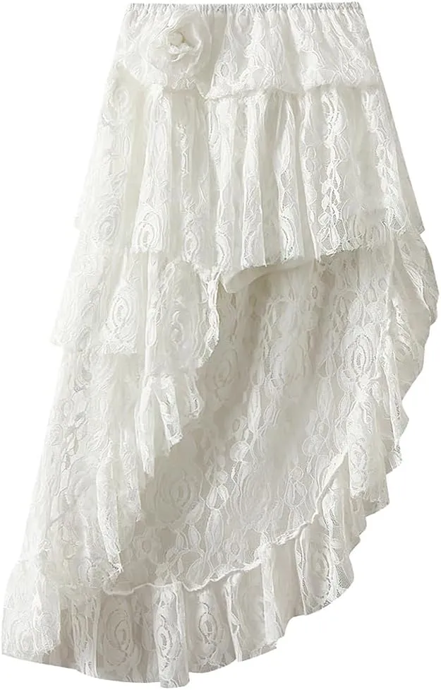 ebossy Women's Lace Mesh Ruffles Tiered Skirt Elastic High Waist Asymmetrical Prom Party Mid Long Skirt