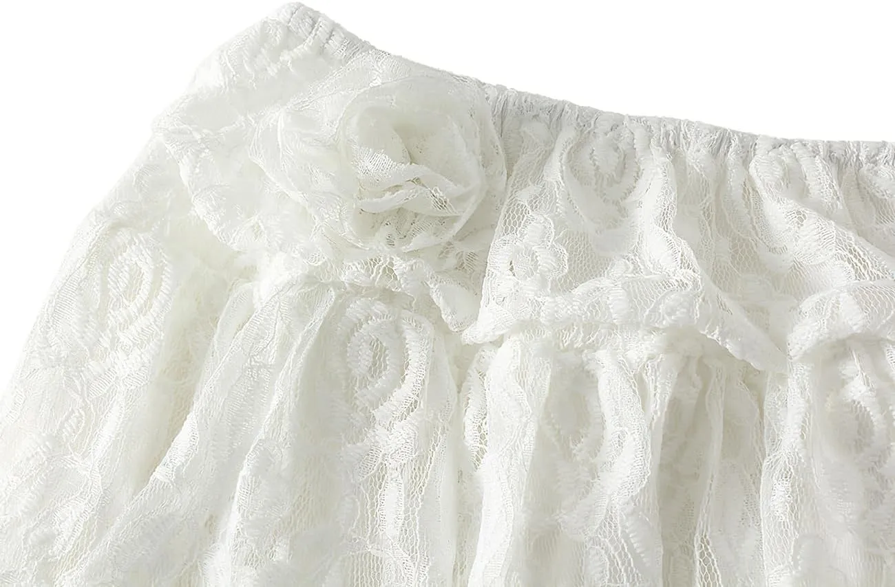 ebossy Women's Lace Mesh Ruffles Tiered Skirt Elastic High Waist Asymmetrical Prom Party Mid Long Skirt