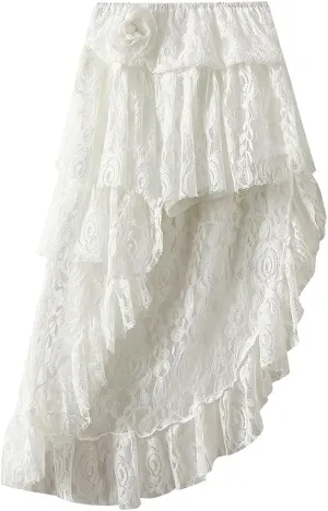 ebossy Women's Lace Mesh Ruffles Tiered Skirt Elastic High Waist Asymmetrical Prom Party Mid Long Skirt