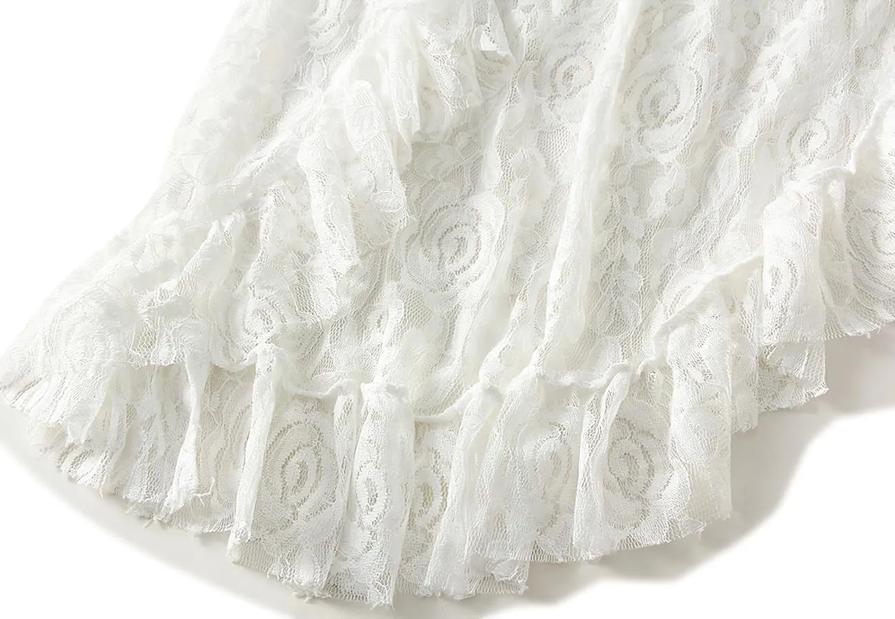 ebossy Women's Lace Mesh Ruffles Tiered Skirt Elastic High Waist Asymmetrical Prom Party Mid Long Skirt