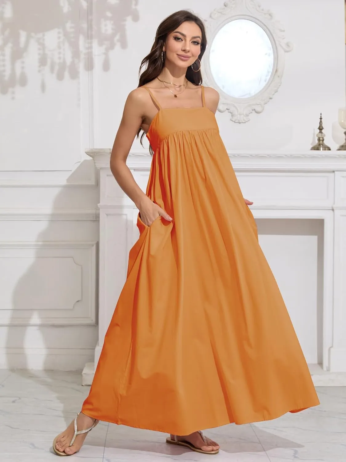 ebossy Women's Summer Backless Tied Spaghetti Straps Casual Loose Cutout Maxi Dress with Pockets