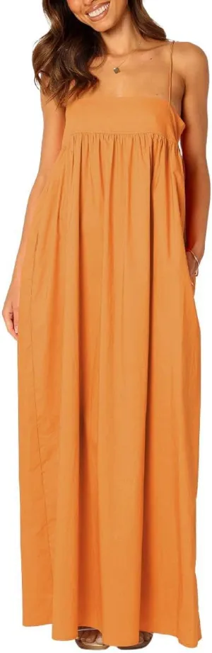 ebossy Women's Summer Backless Tied Spaghetti Straps Casual Loose Cutout Maxi Dress with Pockets