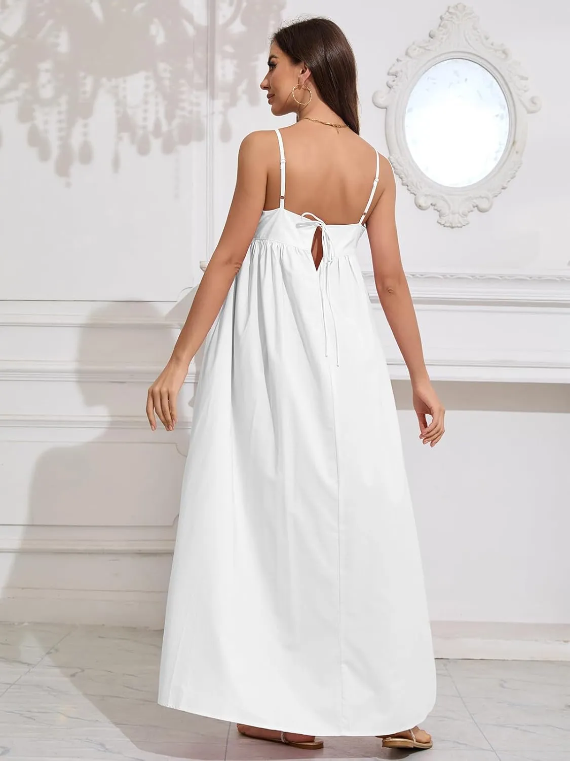 ebossy Women's Summer Backless Tied Spaghetti Straps Casual Loose Cutout Maxi Dress with Pockets