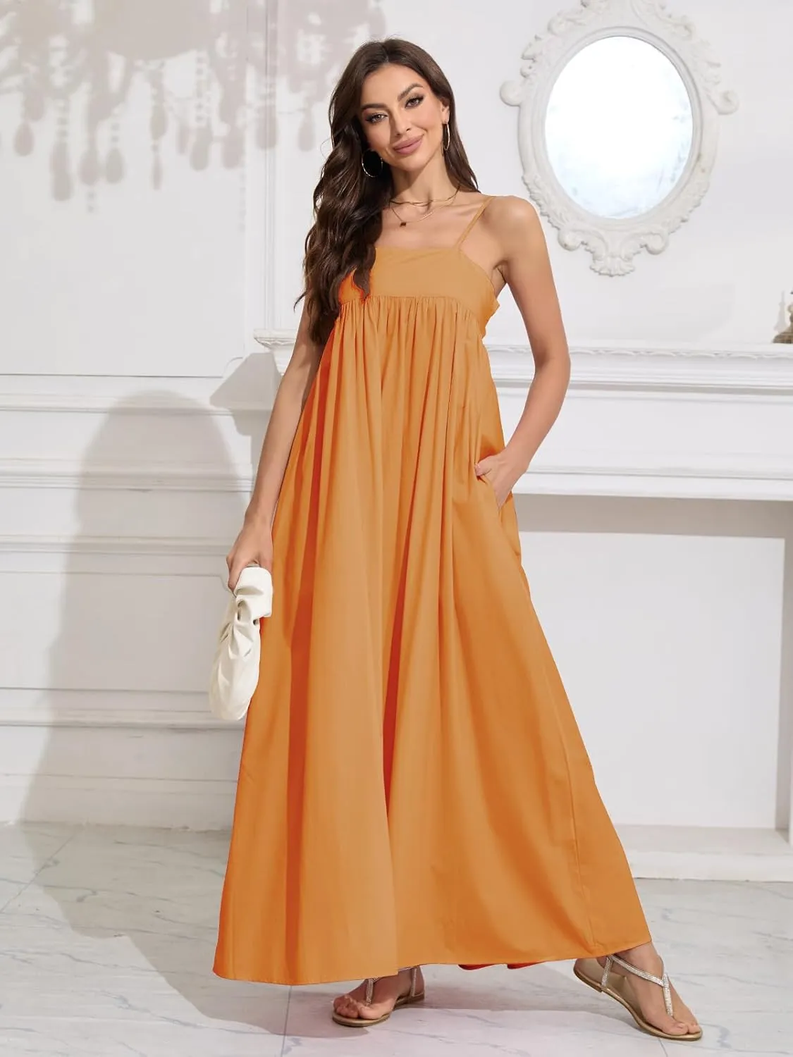ebossy Women's Summer Backless Tied Spaghetti Straps Casual Loose Cutout Maxi Dress with Pockets