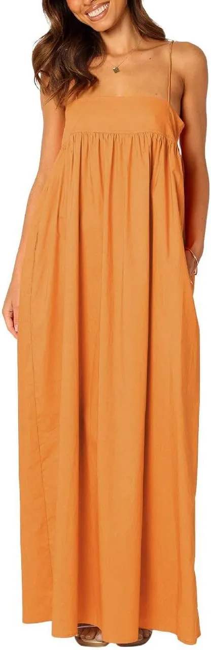 ebossy Women's Summer Backless Tied Spaghetti Straps Casual Loose Cutout Maxi Dress with Pockets