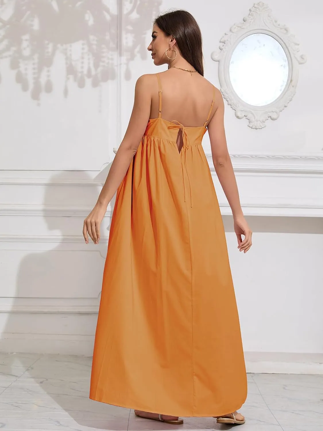 ebossy Women's Summer Backless Tied Spaghetti Straps Casual Loose Cutout Maxi Dress with Pockets