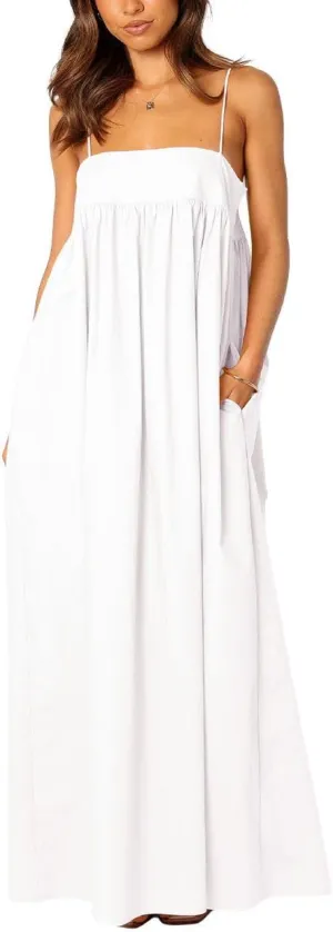 ebossy Women's Summer Backless Tied Spaghetti Straps Casual Loose Cutout Maxi Dress with Pockets