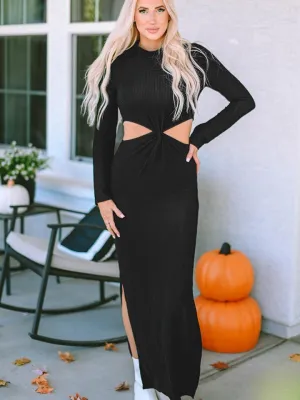 Effortless Elegance Cut Out Long Sleeve Black Maxi Dress