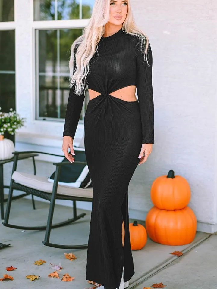 Effortless Elegance Cut Out Long Sleeve Black Maxi Dress