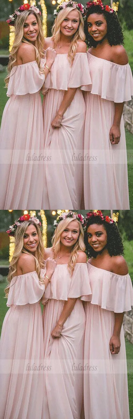 Elegant A-Line Off-the-Shoulder Pink Chiffon Floor-Length Bridesmaid Dress