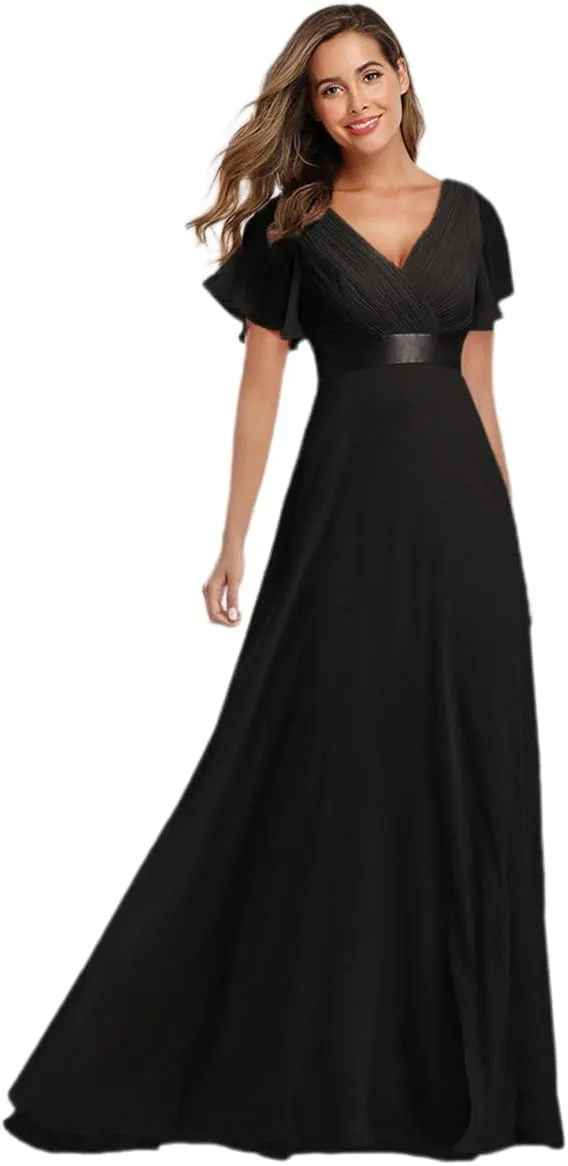 Elegant Double V-Neck Flared Sleeve Maxi Dress - Elastic Chiffon Bridesmaid Plus Size Evening Gown Black