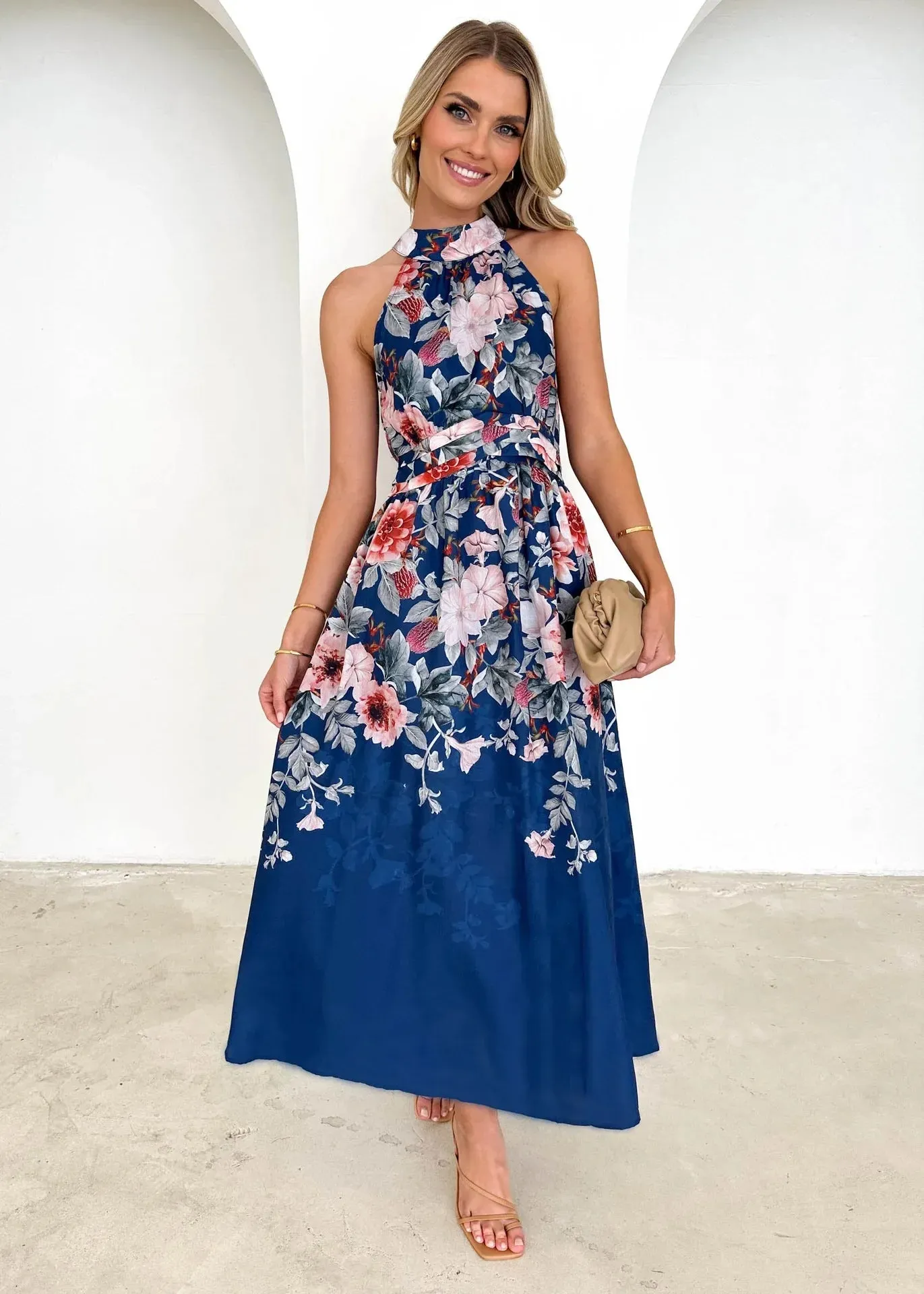 Elegant Holiday Printed Long Women 2024 Summer Halter Printing Waist Sleeveless Maxi Dress