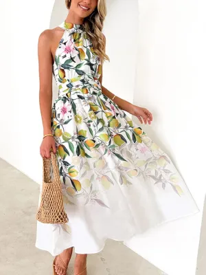 Elegant Holiday Printed Long Women 2024 Summer Halter Printing Waist Sleeveless Maxi Dress