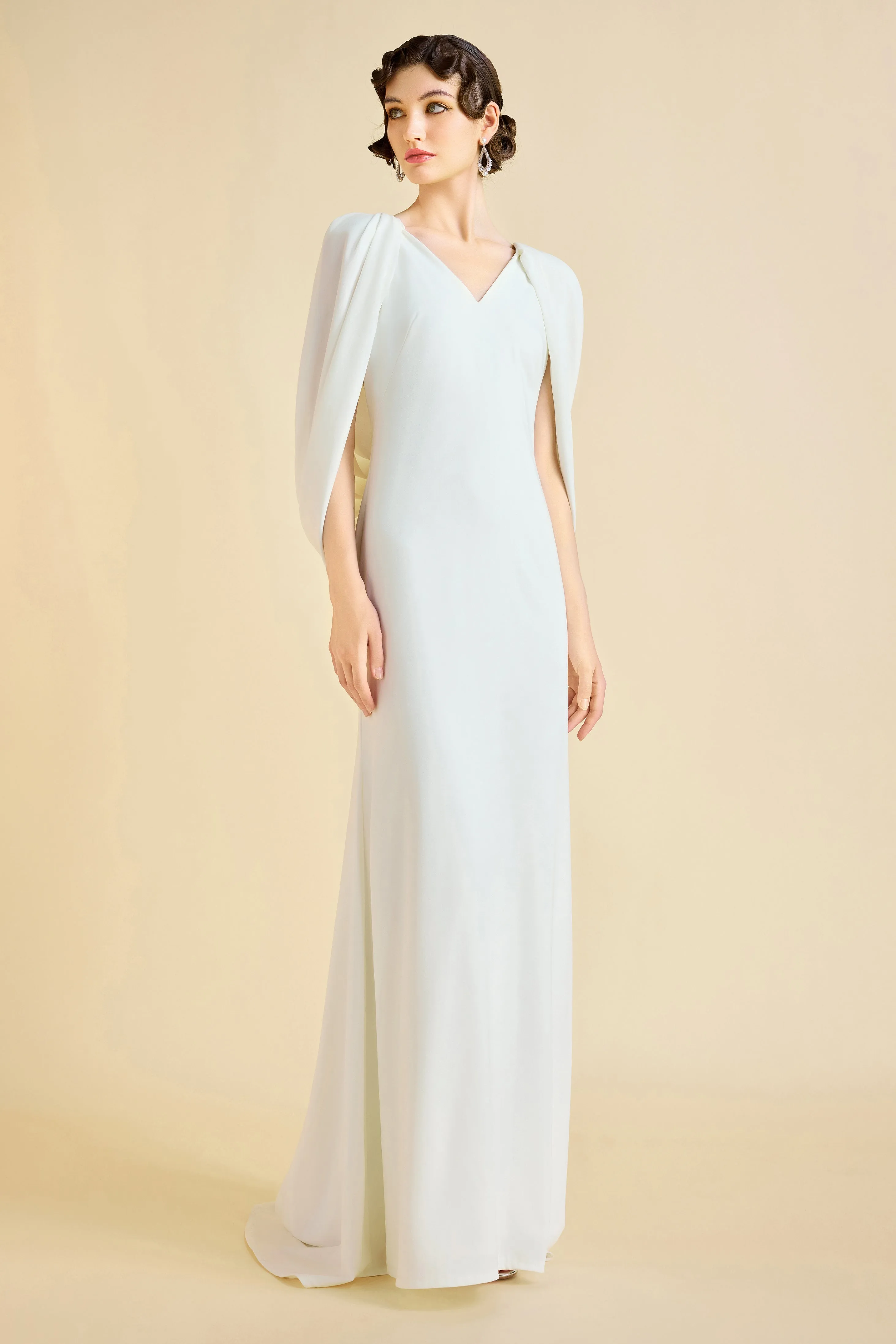 Elegant Low Back Couture Draped Cape Evening Gown