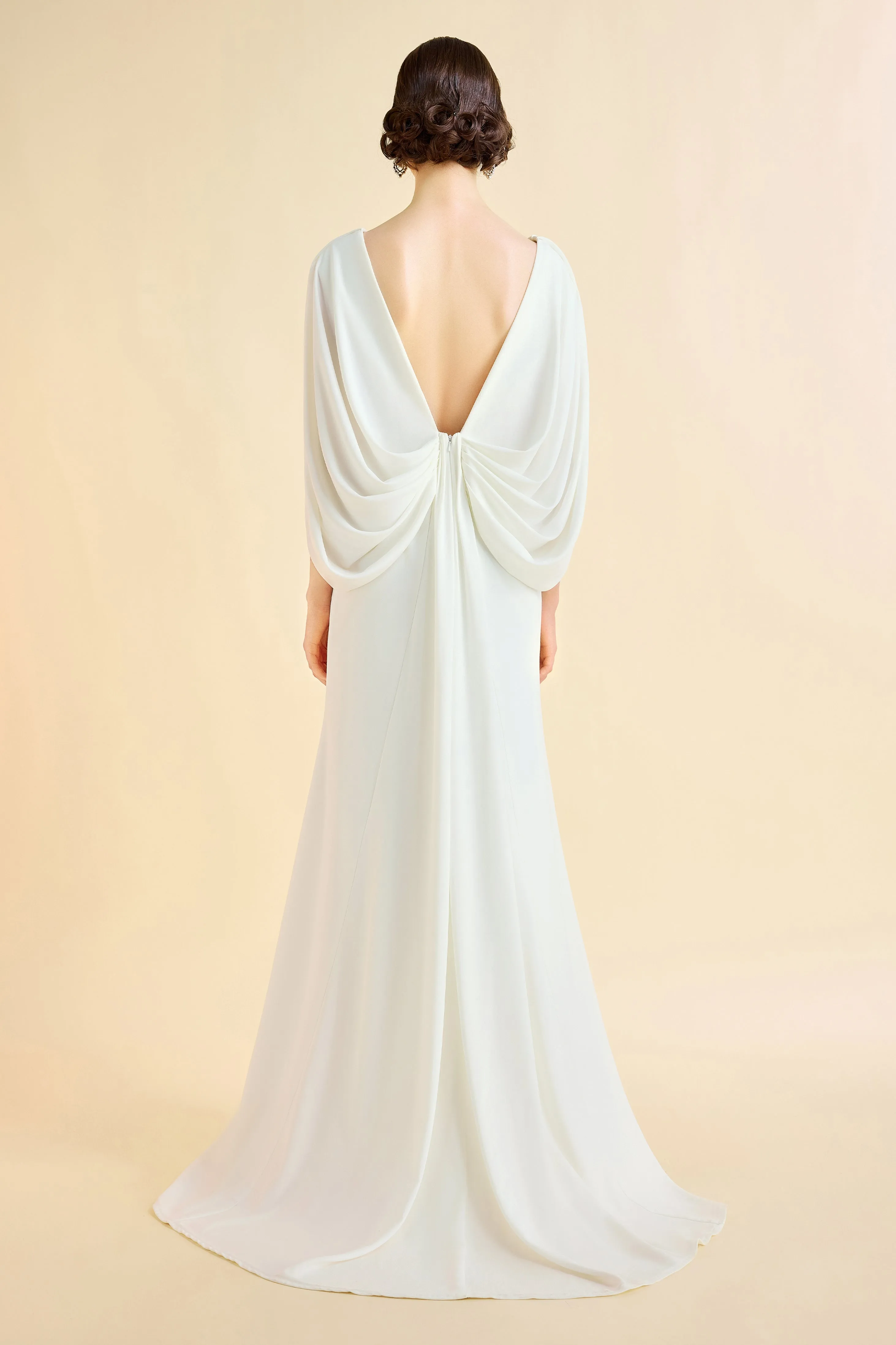 Elegant Low Back Couture Draped Cape Evening Gown