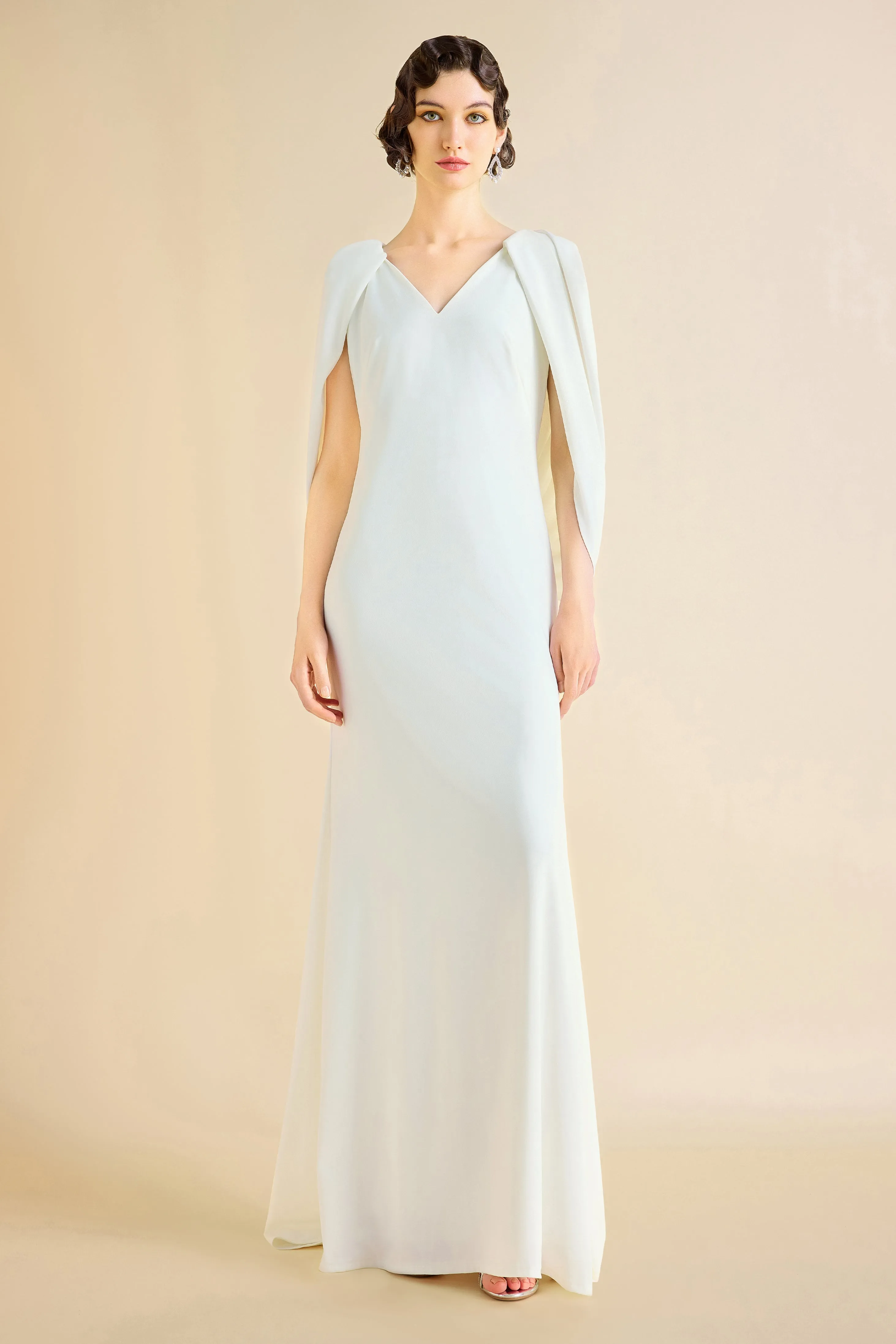 Elegant Low Back Couture Draped Cape Evening Gown