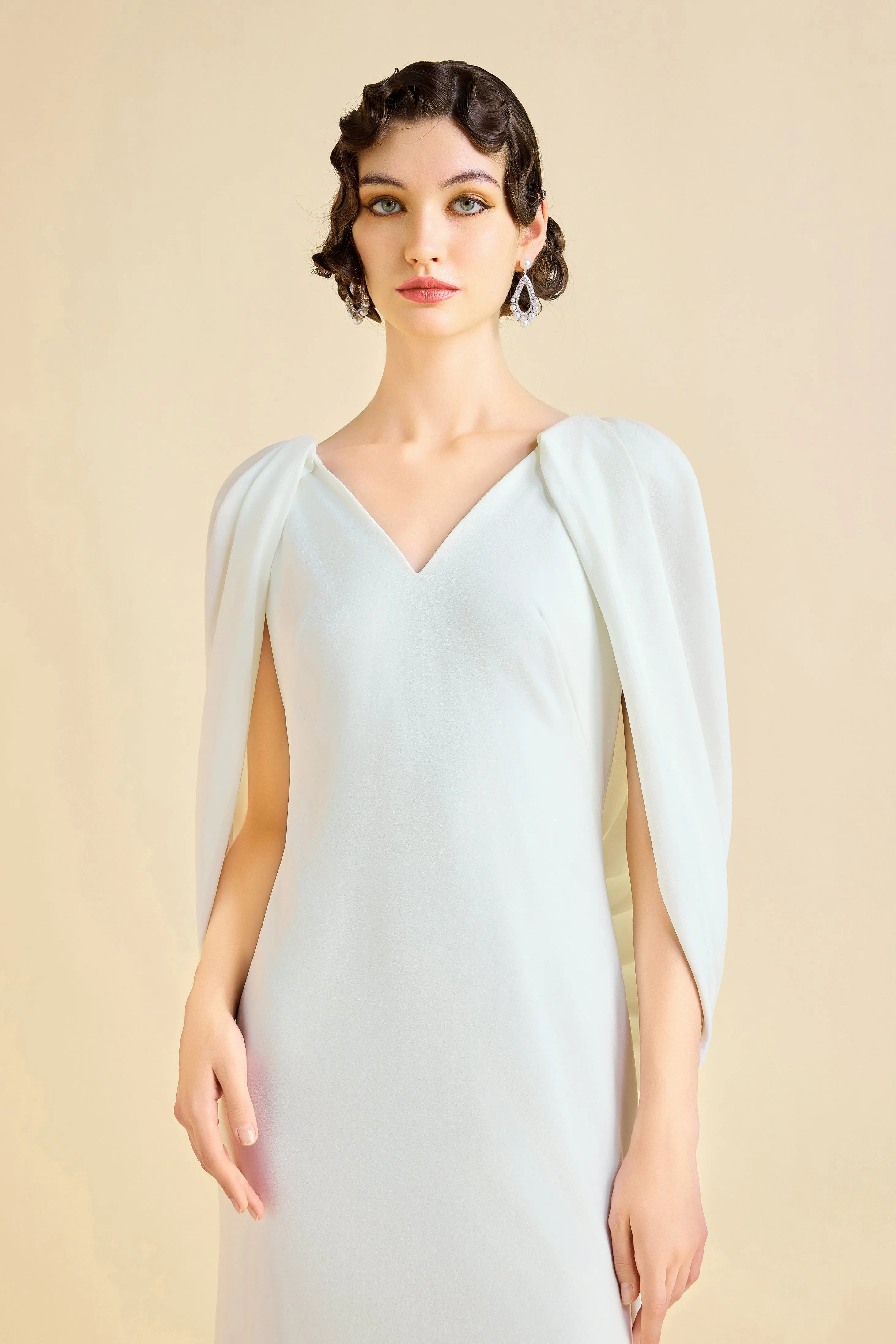 Elegant Low Back Couture Draped Cape Evening Gown