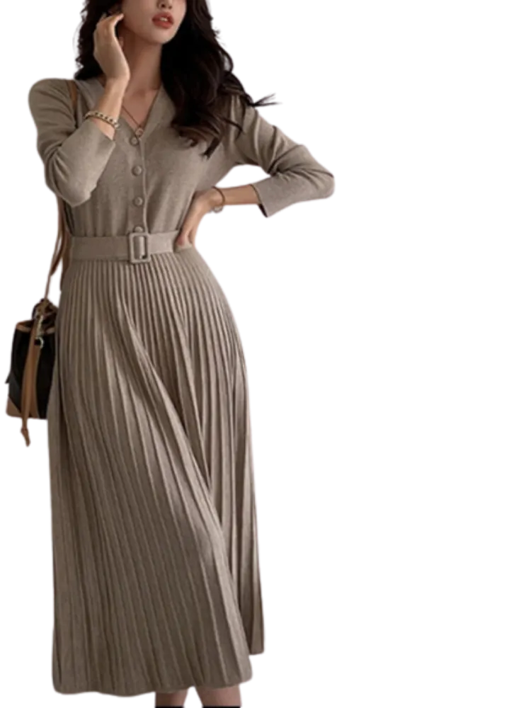 Elegant V-neck Single-breasted Women Thicken Sweater Dress Autumn Winter Knitted Belted Female A-line soft dresses