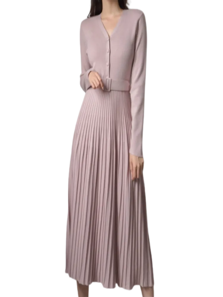 Elegant V-neck Single-breasted Women Thicken Sweater Dress Autumn Winter Knitted Belted Female A-line soft dresses