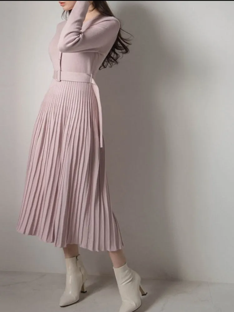 Elegant V-neck Single-breasted Women Thicken Sweater Dress Autumn Winter Knitted Belted Female A-line soft dresses