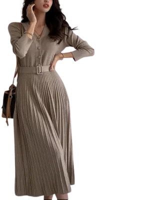 Elegant V-neck Single-breasted Women Thicken Sweater Dress Autumn Winter Knitted Belted Female A-line soft dresses
