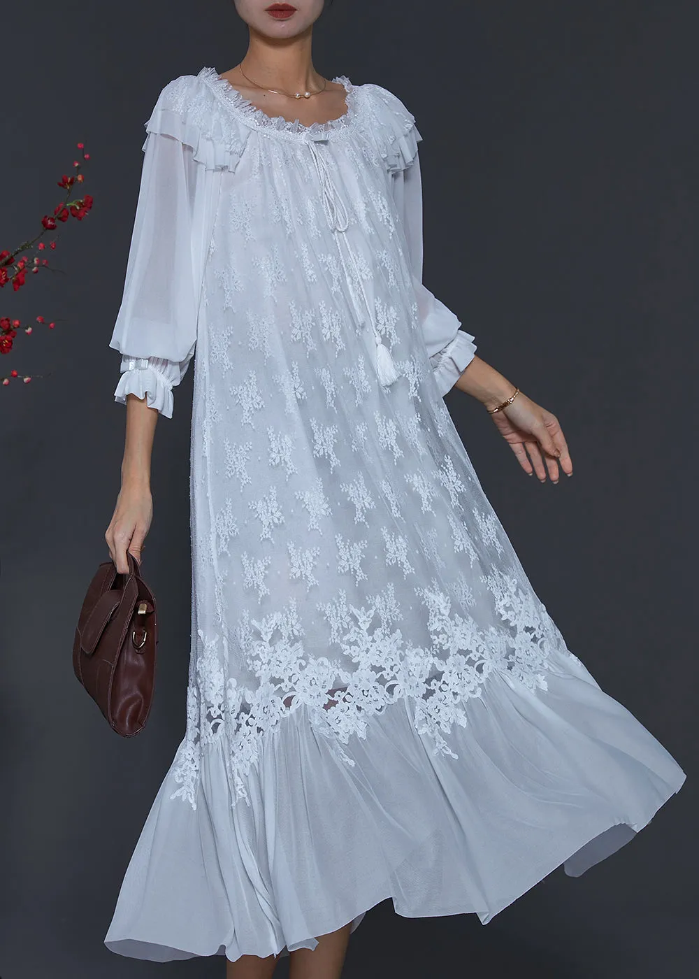 Elegant White Embroidered Patchwork Lace Dresses Spring SD1082