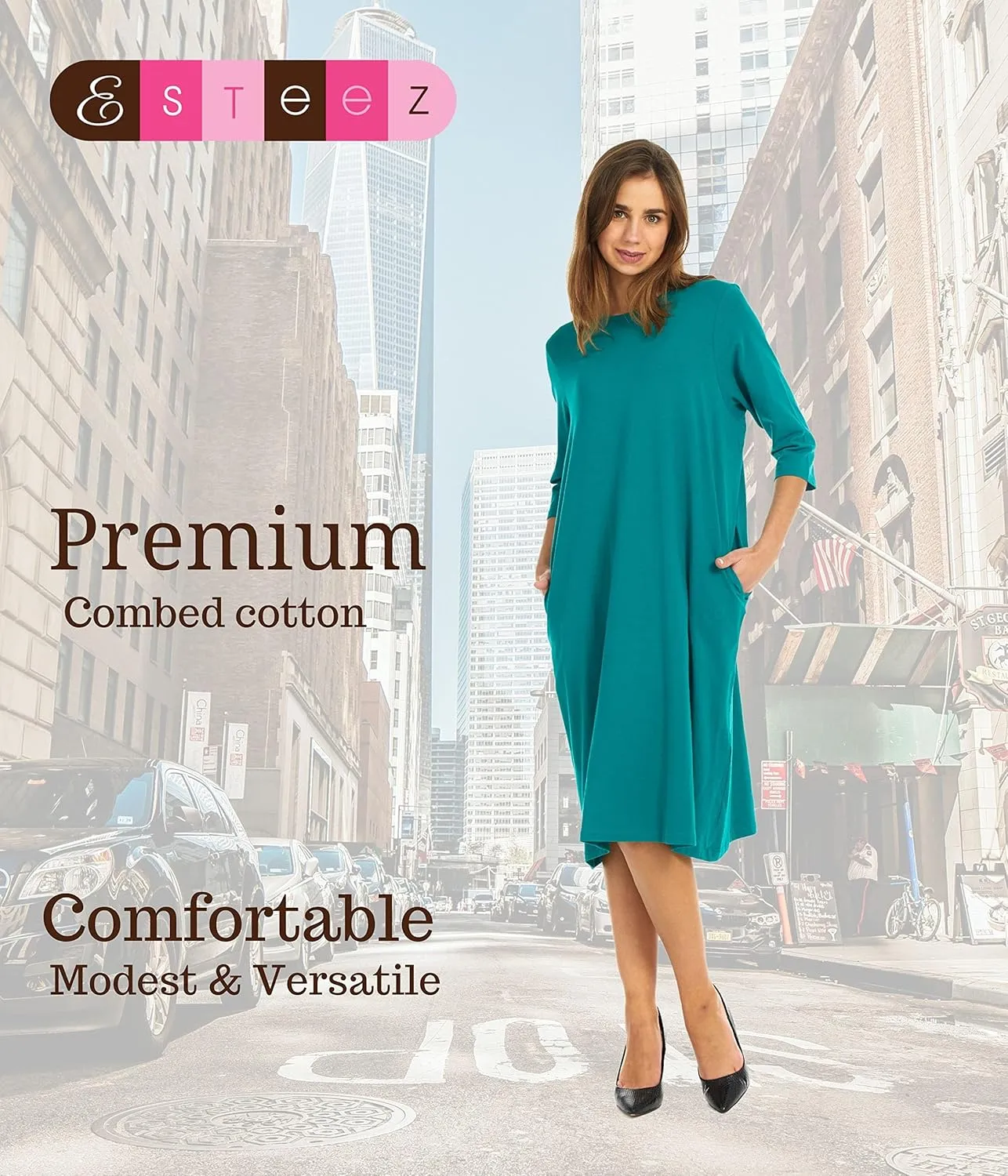 ESTEEZ Comfy Casual Cotton Loose T-Shirt Dress with Pockets for Women