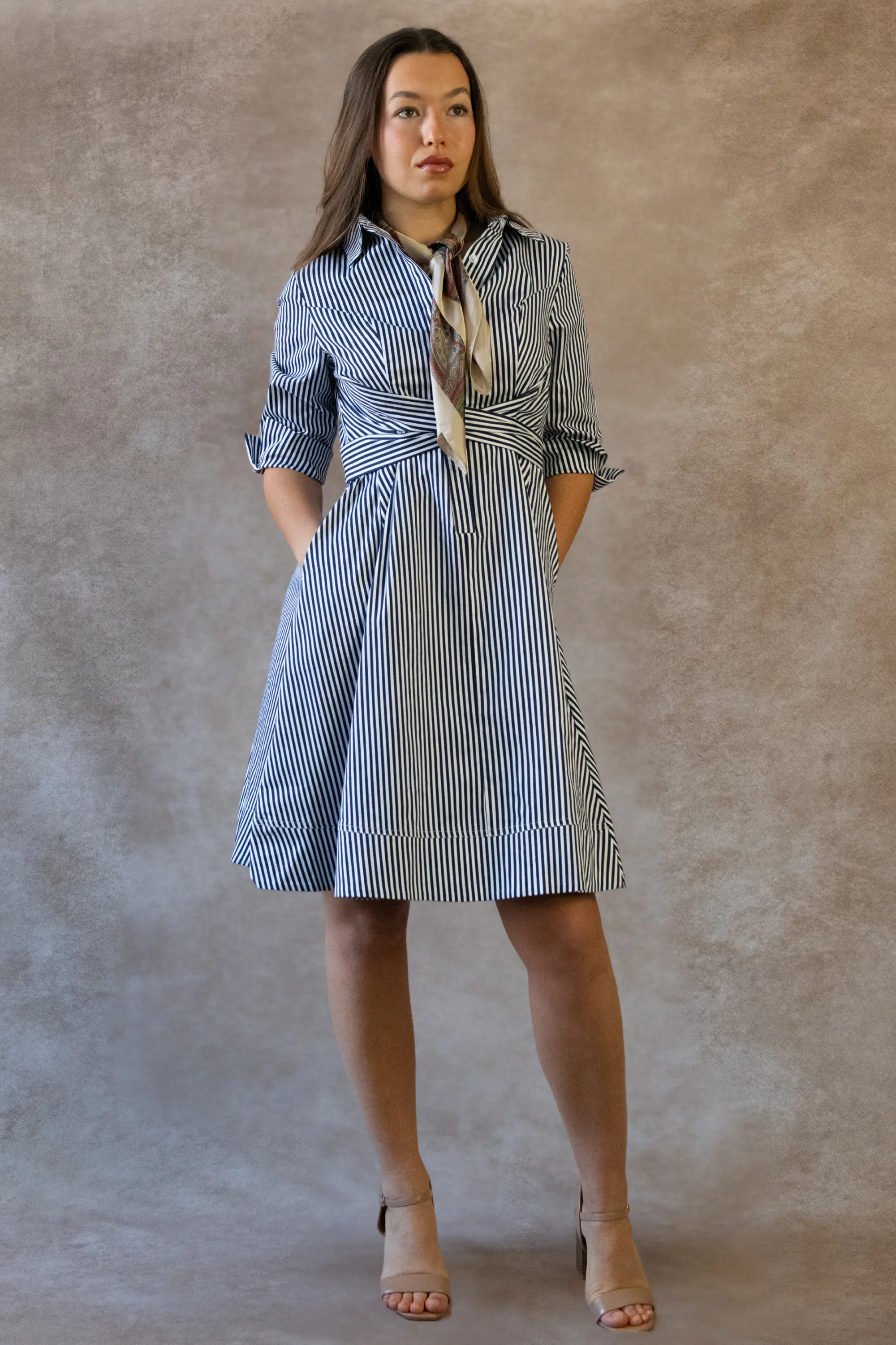 Estelle Striped Shirt Dress - 3/4 Sleeve, Button Down, Belted Waist