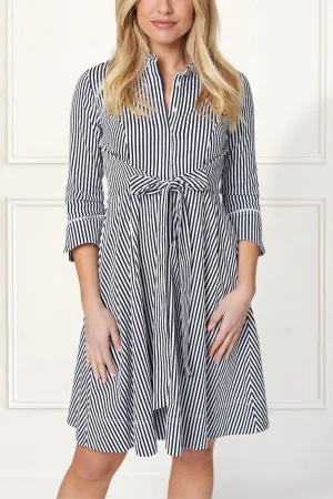 Estelle Striped Shirt Dress - 3/4 Sleeve, Button Down, Belted Waist