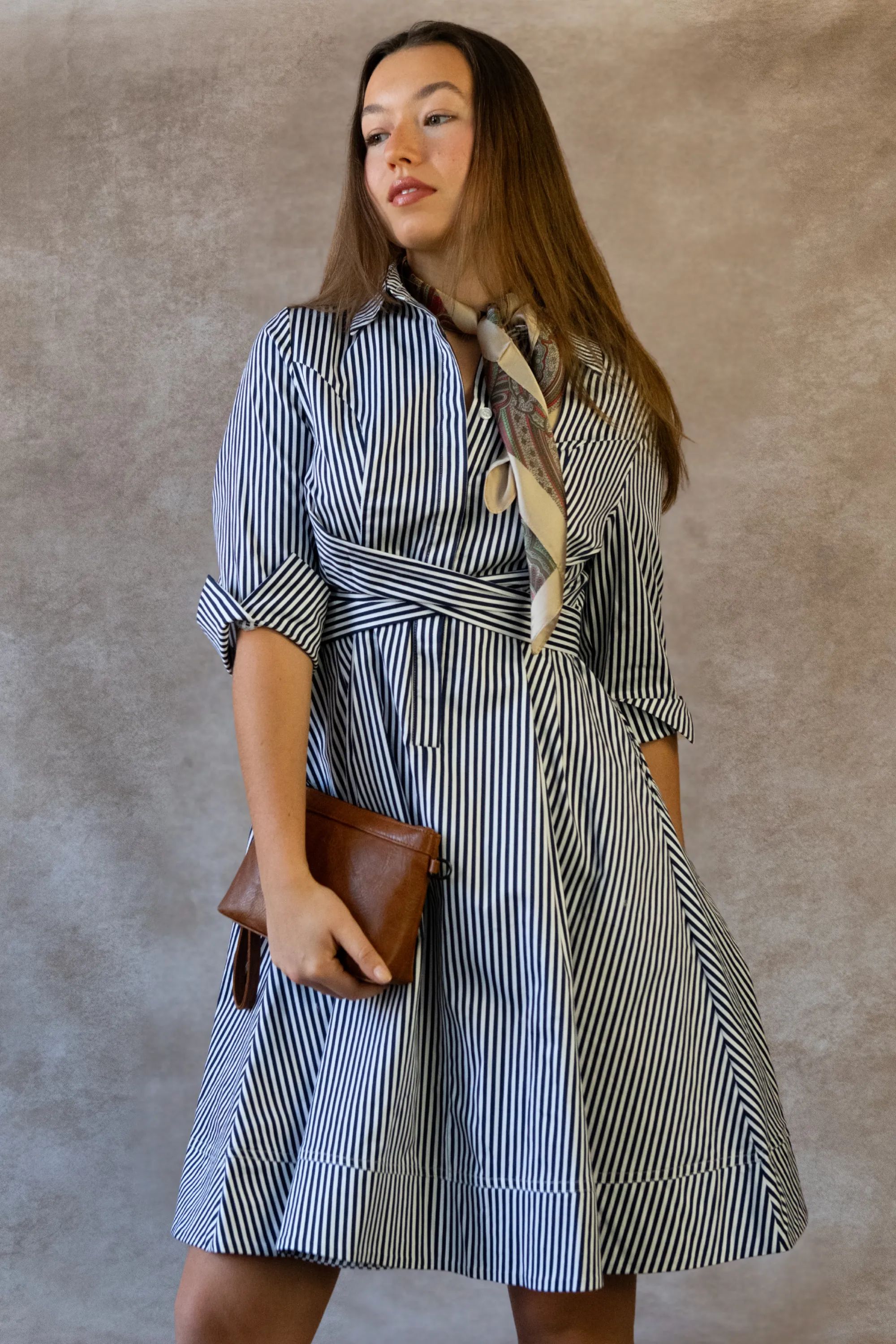 Estelle Striped Shirt Dress - 3/4 Sleeve, Button Down, Belted Waist